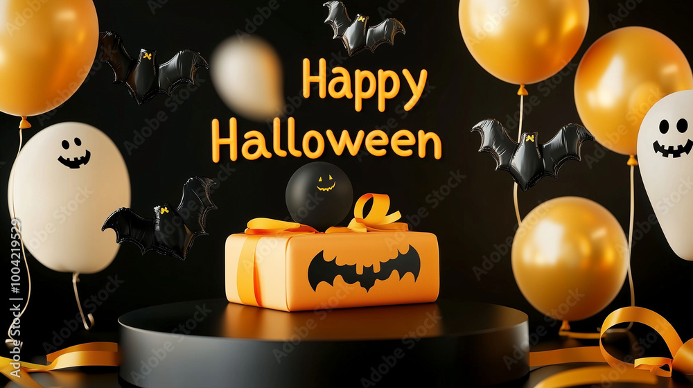 Black round podium with floating ghost and bat balloons, Halloween gift box wrapped in deep yellow ribbon, and a Happy Halloween banner glowing in bold letters