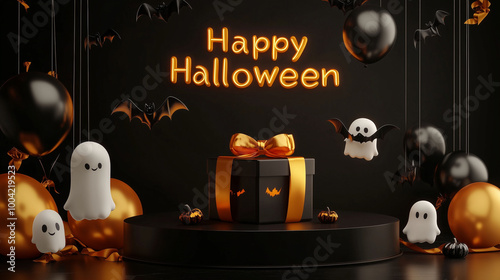 Obraz na płótnie Black round podium with floating ghost and bat balloons, Halloween gift box wrapped in deep yellow ribbon, and a Happy Halloween banner glowing in bold letters w salonie