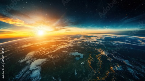 A breathtaking view of Earth from space at sunrise, showcasing vibrant colors in the sky and detailed landforms below.