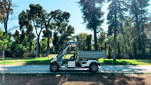 A small utility golf vehicle parked on a paved path in a park, surrounded by tall trees and greenery under a clear blue sky.

