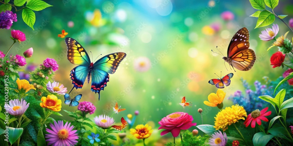 Vibrant Nature Lush Greenery with Bright Flowers and Neon Butterflies for Stock Photos Vibrant Nature Lush Greenery with Bright Flowers and Neon Butterflies for Stock Photos