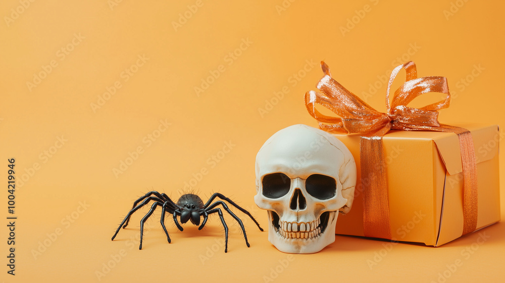 A spooky Halloween greeting card layout with a clean copy space, spider crawling nearby, and a skull next to a festive gift box on a light orange background