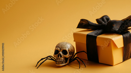 A spooky Halloween greeting card layout with a clean copy space, spider crawling nearby, and a skull next to a festive gift box on a light orange background