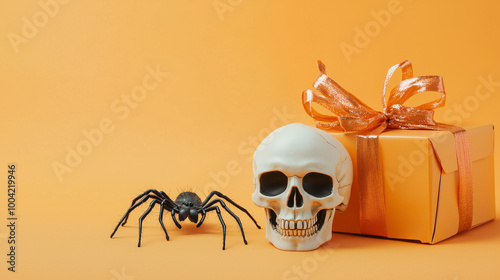 Obraz na płótnie A spooky Halloween greeting card layout with a clean copy space, spider crawling nearby, and a skull next to a festive gift box on a light orange background w salonie