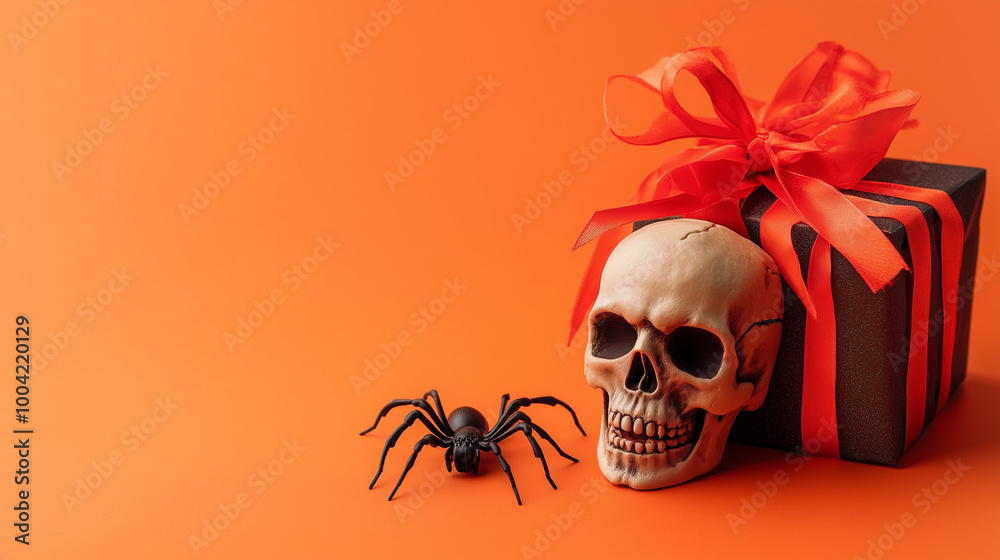 A spooky Halloween greeting card layout with a clean copy space, spider crawling nearby, and a skull next to a festive gift box on a light orange background