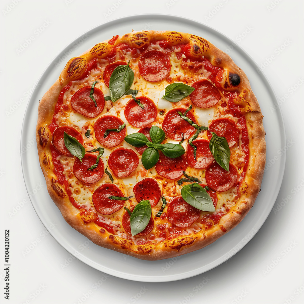 Pepperoni pizza with fresh basil topping on white plate. Pepperoni pizza with fresh basil topping on white plate.