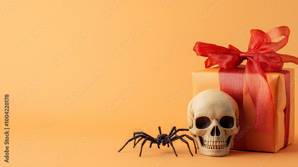 A spooky Halloween greeting card layout with a clean copy space, spider crawling nearby, and a skull next to a festive gift box on a light orange background