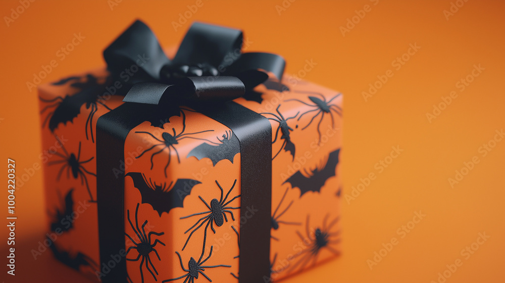 A spooky Halloween gift box with black bats and spiders, placed on a vivid orange background, perfect for celebrating both Halloween and Thanksgiving