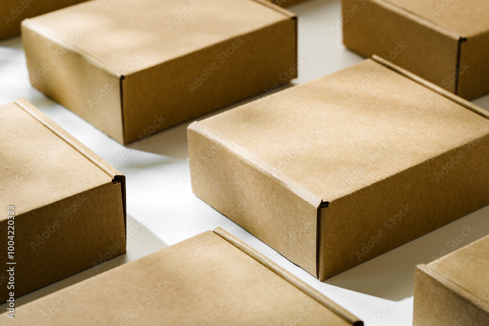 Brown cardboard boxes arranged on a light surface for packing goods in a warehouse setting Brown cardboard boxes arranged on a light surface for packing goods in a warehouse setting