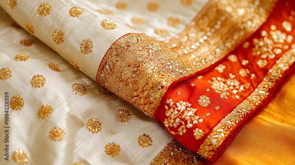 A close up of richly embroidered silk sari A close up of richly embroidered silk sari