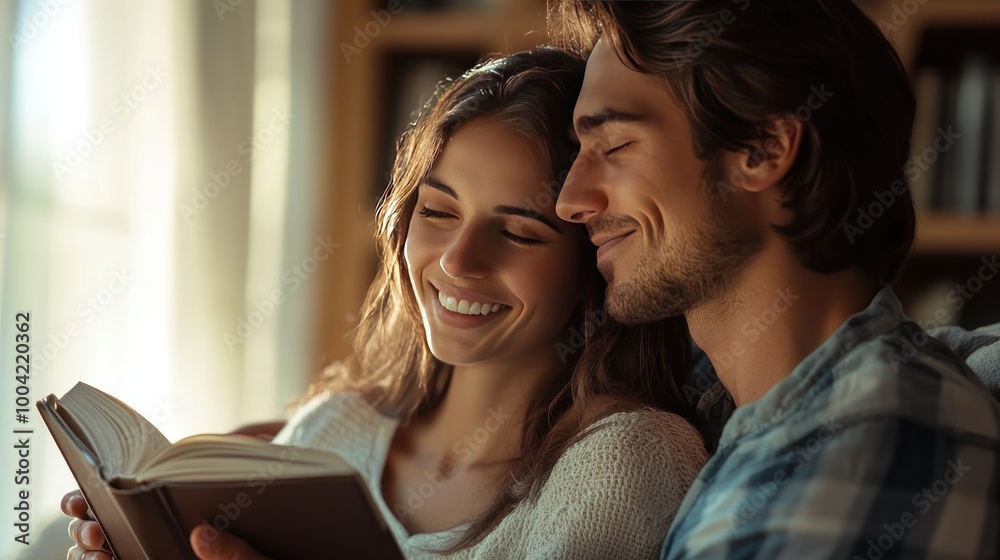 A happy couple sharing a moment while reading a book together in a cozy setting. A happy couple sharing a moment while reading a book together in a cozy setting.