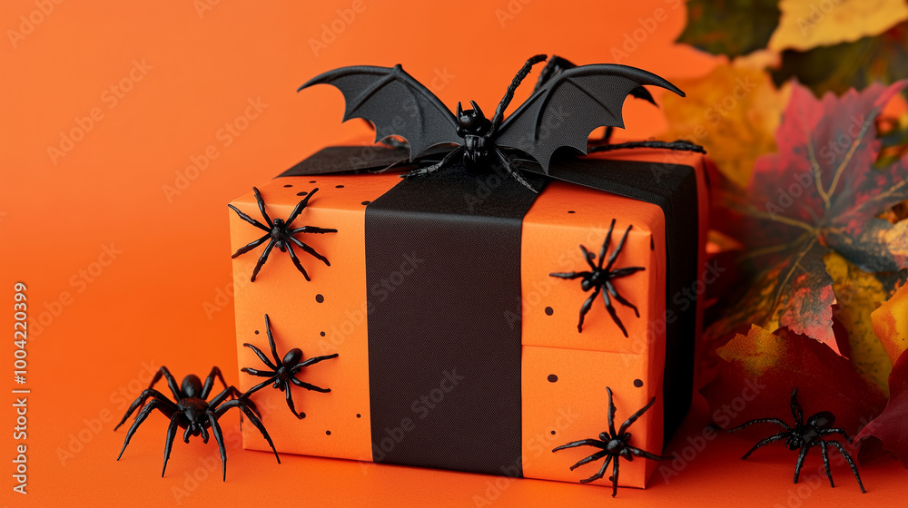 A spooky Halloween gift box with black bats and spiders, placed on a vivid orange background, perfect for celebrating both Halloween and Thanksgiving
