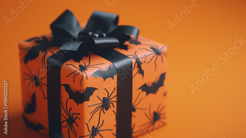 Obraz na płótnie A spooky Halloween gift box with black bats and spiders, placed on a vivid orange background, perfect for celebrating both Halloween and Thanksgiving w salonie