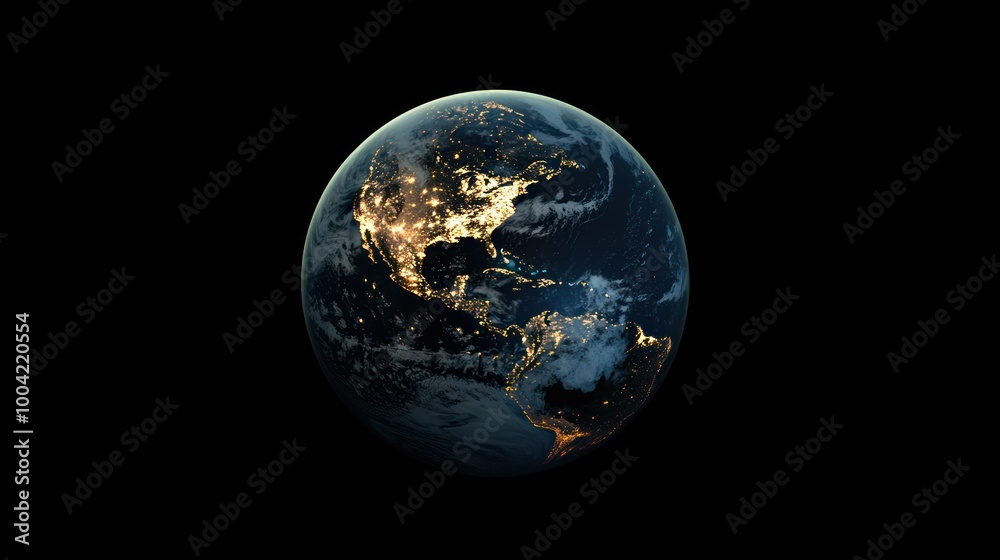 A stunning view of Earth from space, showcasing the illuminated continents against a dark backdrop. A stunning view of Earth from space, showcasing the illuminated continents against a dark backdrop.