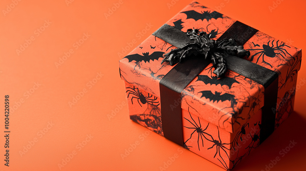 A spooky Halloween gift box with black bats and spiders, placed on a vivid orange background, perfect for celebrating both Halloween and Thanksgiving