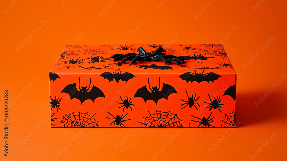A spooky Halloween gift box with black bats and spiders, placed on a vivid orange background, perfect for celebrating both Halloween and Thanksgiving
