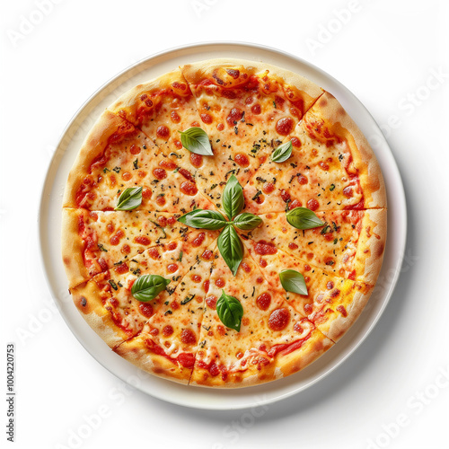 Cheese pizza with basil topping on white plate.