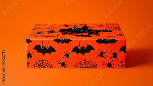 Obraz na płótnie A spooky Halloween gift box with black bats and spiders, placed on a vivid orange background, perfect for celebrating both Halloween and Thanksgiving w salonie