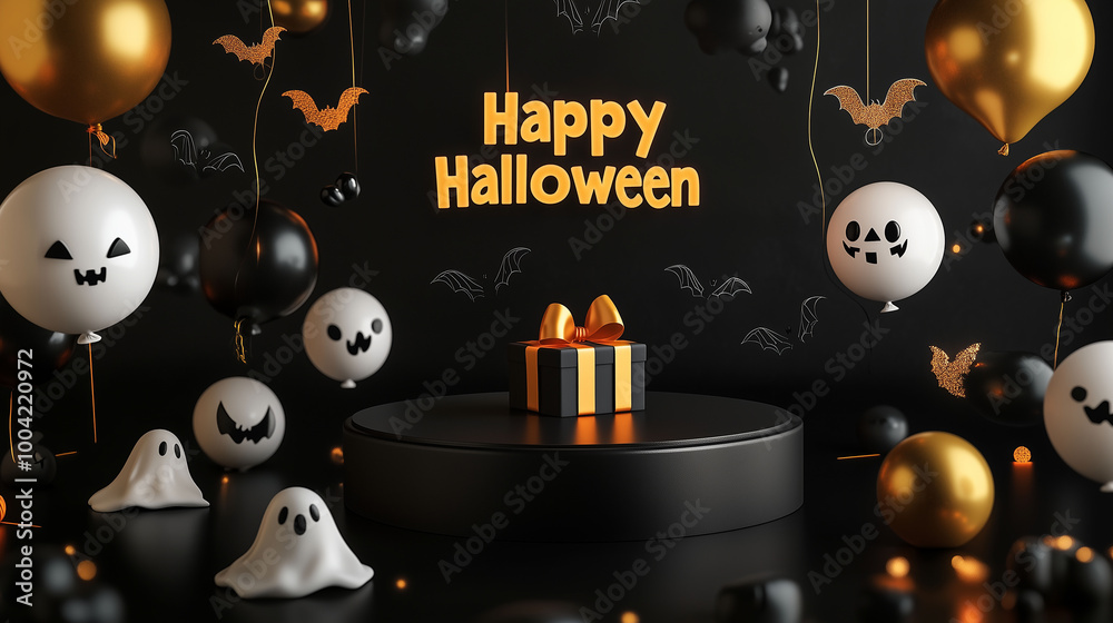 A sleek black round podium surrounded by floating ghost and bat balloons, a spooky gift box wrapped in a deep yellow ribbon, and a glowing Happy Halloween banner in bold text