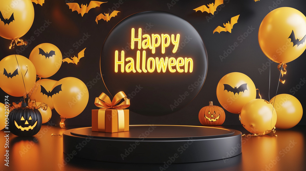 A sleek black round podium surrounded by floating ghost and bat balloons, a spooky gift box wrapped in a deep yellow ribbon, and a glowing Happy Halloween banner in bold text