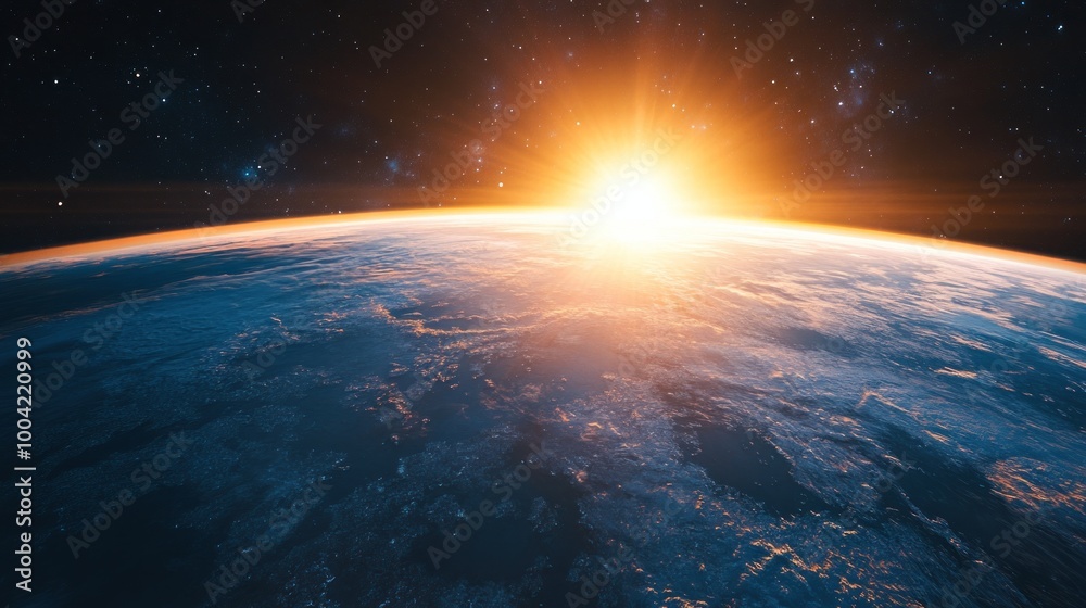 A breathtaking view of Earth from space, showcasing a vibrant sunrise above the horizon. A breathtaking view of Earth from space, showcasing a vibrant sunrise above the horizon.