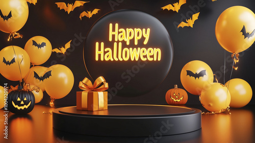 Obraz na płótnie A sleek black round podium surrounded by floating ghost and bat balloons, a spooky gift box wrapped in a deep yellow ribbon, and a glowing Happy Halloween banner in bold text w salonie