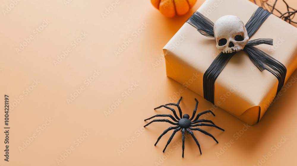 A simple Halloween greeting card template with spider, gift box, and skull arranged neatly on a light orange surface, ideal for copy space