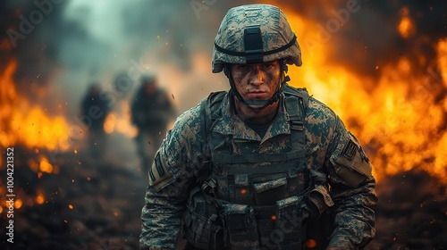 intense portrait of a soldier in full army gear helmet on moving with purpose across a rugged battlefield embodying determination and strength amidst a tense and dangerous environment