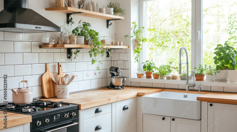 Modern Kitchen Interior with White Cabinets, Wooden Countertops and Window with Greenery. Modern Kitchen Interior with White Cabinets, Wooden Countertops and Window with Greenery.