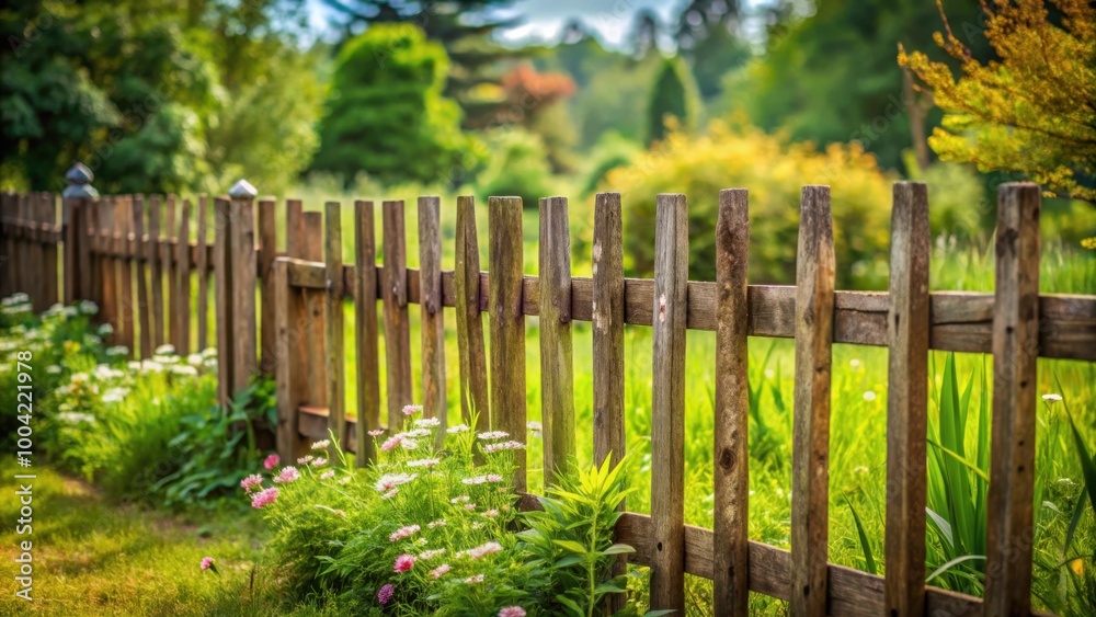 Rustic wooden garden fence with beautiful design and empty space for text Rustic wooden garden fence with beautiful design and empty space for text