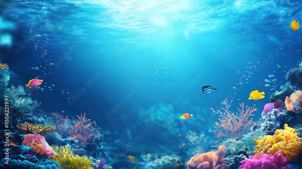 Fototapeta premium A vibrant underwater scene showcasing a variety of colorful coral and fish, illuminating the ocean's beauty.