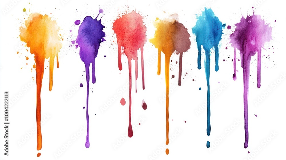 Fototapeta premium Colorful watercolor paint drips in vibrant shades of orange, pink, purple, and blue on a white background.
