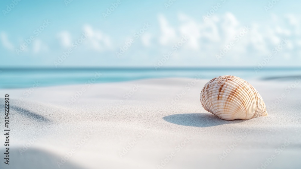 A solitary seashell rests on soft, white sand with a serene ocean backdrop. A solitary seashell rests on soft, white sand with a serene ocean backdrop.