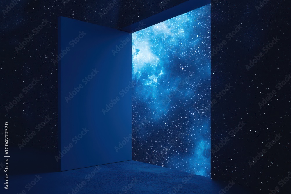 Minimalist deep blue cosmic design showcasing a star-filled sky with a central empty square frame Minimalist deep blue cosmic design showcasing a star-filled sky with a central empty square frame