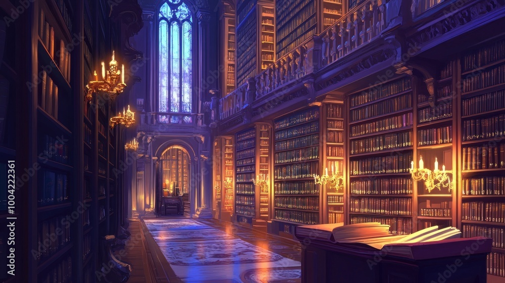 Naklejka premium A majestic library interior with high bookshelves, warm lighting, and tall windows, creating an atmosphere of serenity and knowledge.