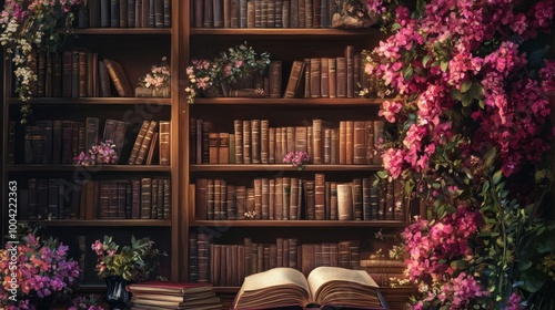 A serene and enchanting library scene with blooming flowers and vintage books.