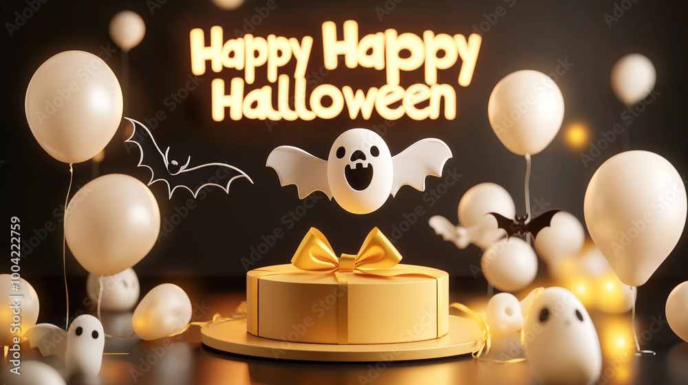 A Halloween-themed podium with floating ghost and bat-shaped balloons, a deep yellow ribbon-tied gift box, and a luminous Happy Halloween sign in the background