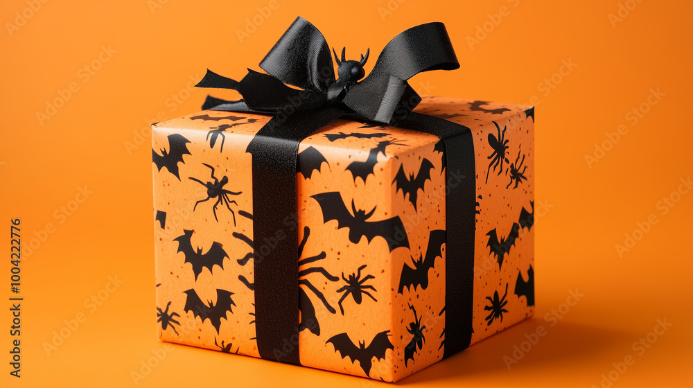 A Halloween-themed gift box decorated with black bats and spiders, set on an orange backdrop, perfect for spooky celebrations