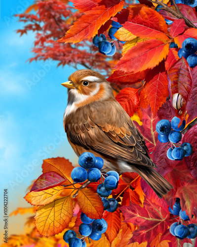 Bird sitting on a branch of autumn leaves, blue berries, prunes, 3d rendering