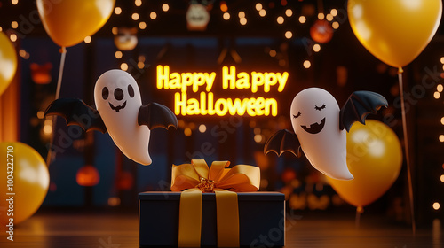 Obraz na płótnie A Halloween-themed podium with floating ghost and bat-shaped balloons, a deep yellow ribbon-tied gift box, and a luminous Happy Halloween sign in the background w salonie
