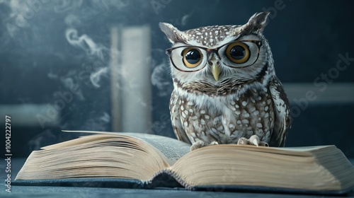 Wallpaper Mural A wise-looking owl wearing glasses sits atop an open book, creating a whimsical and scholarly atmosphere. Torontodigital.ca