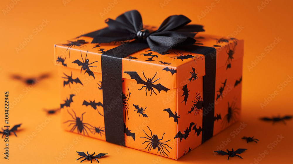 A Halloween-themed gift box decorated with black bats and spiders, set on an orange backdrop, perfect for spooky celebrations