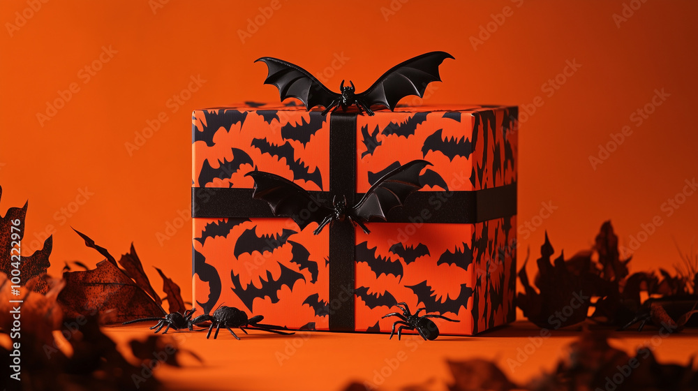 A Halloween gift box adorned with black bats and creepy spiders, set against a bold orange backdrop, perfect for spooky festivities and seasonal celebrations