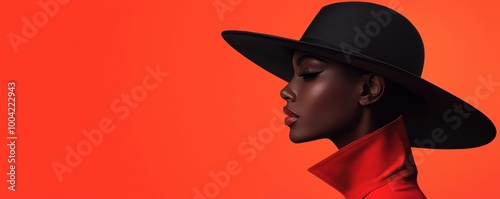 Elegant minimalist graphic design of a woman in profile wearing a red hat and coat on a red background