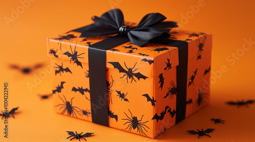Obraz na płótnie A Halloween-themed gift box decorated with black bats and spiders, set on an orange backdrop, perfect for spooky celebrations w salonie