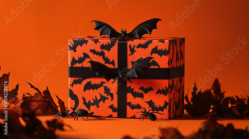 Obraz na płótnie A Halloween gift box adorned with black bats and creepy spiders, set against a bold orange backdrop, perfect for spooky festivities and seasonal celebrations w salonie