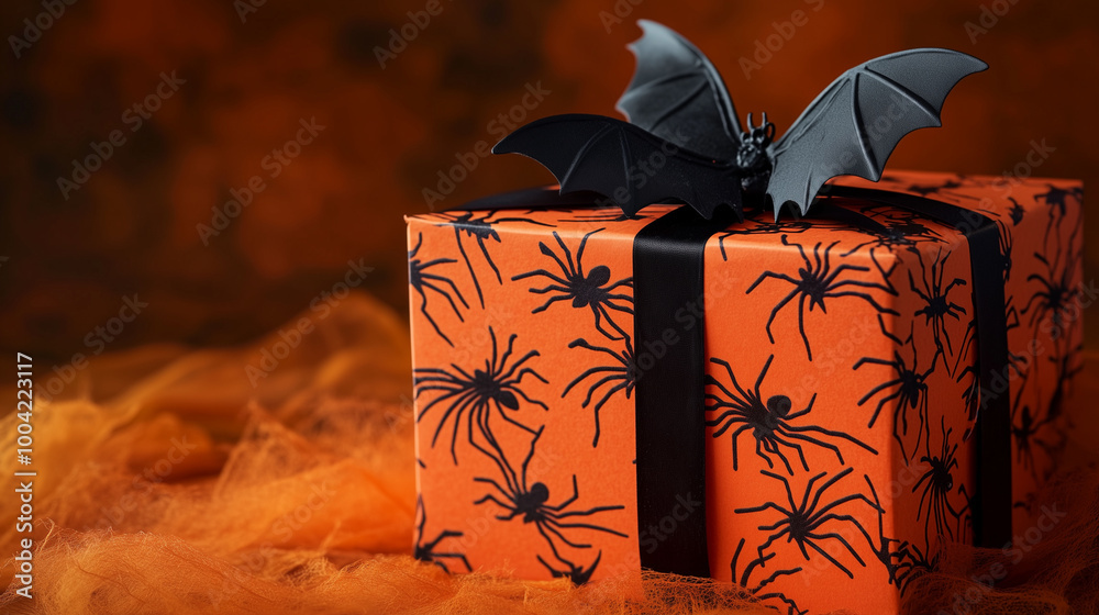 A Halloween gift box adorned with black bats and creepy spiders, set against a bold orange backdrop, perfect for spooky festivities and seasonal celebrations