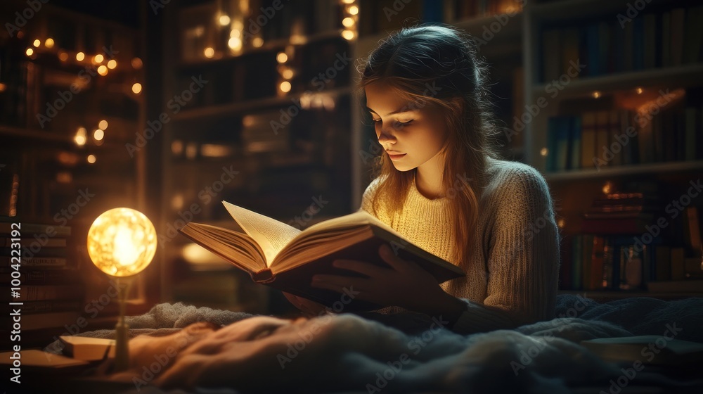 A young Caucasian girl immerses herself in a book while sitting in a cozy, warmly lit room. A young Caucasian girl immerses herself in a book while sitting in a cozy, warmly lit room.