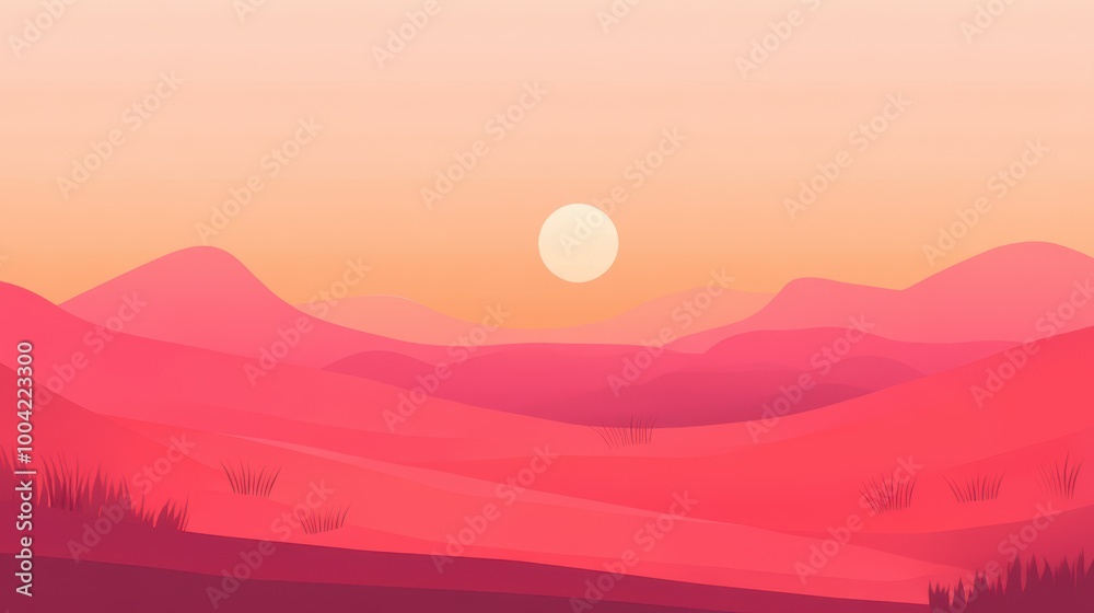 Simple Flat Illustration of a Red Landscape at Sunset