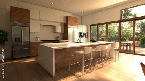 Modern Kitchen with Stainless Steel Appliances and Island Breakfast Bar.